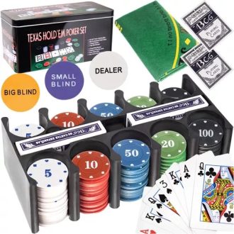   Póker készlet TEXAS 23539 - lapok, zsetonok, dealer gomb - póker játék otthonra, bulikhoz, ajándékba