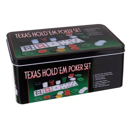 Póker készlet TEXAS 23539 - lapok, zsetonok, dealer gomb - póker játék otthonra, bulikhoz, ajándékba
